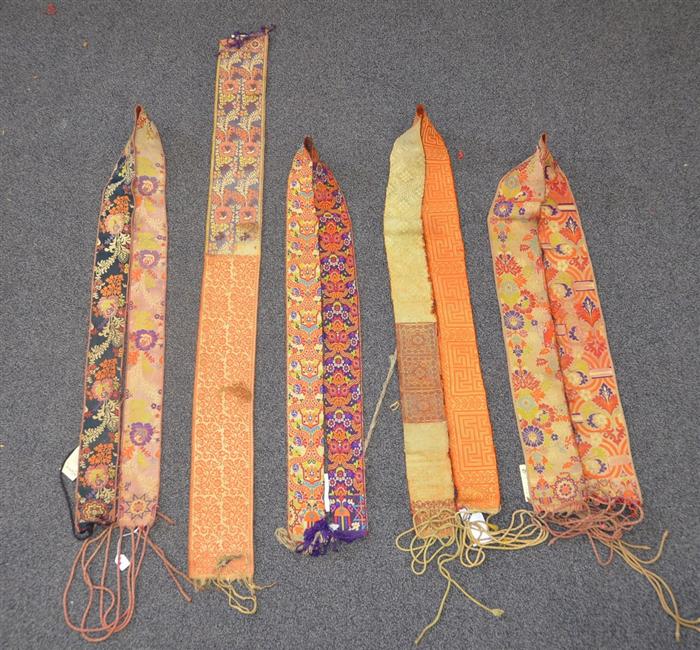 Appraisal: Moroccan silk belts th Century Morocco embroidered with geometric patterns