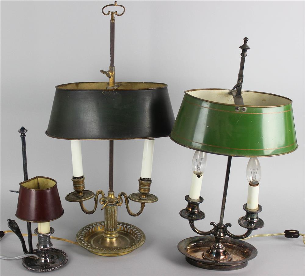 Appraisal: THREE BUILLOTTE LAMPS WITH TOLE SHADES two with double light