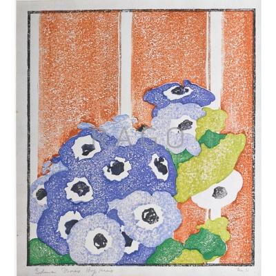 Appraisal: EDNA BOIES HOPKINS - Color woodblock print Cineraria or Anemones