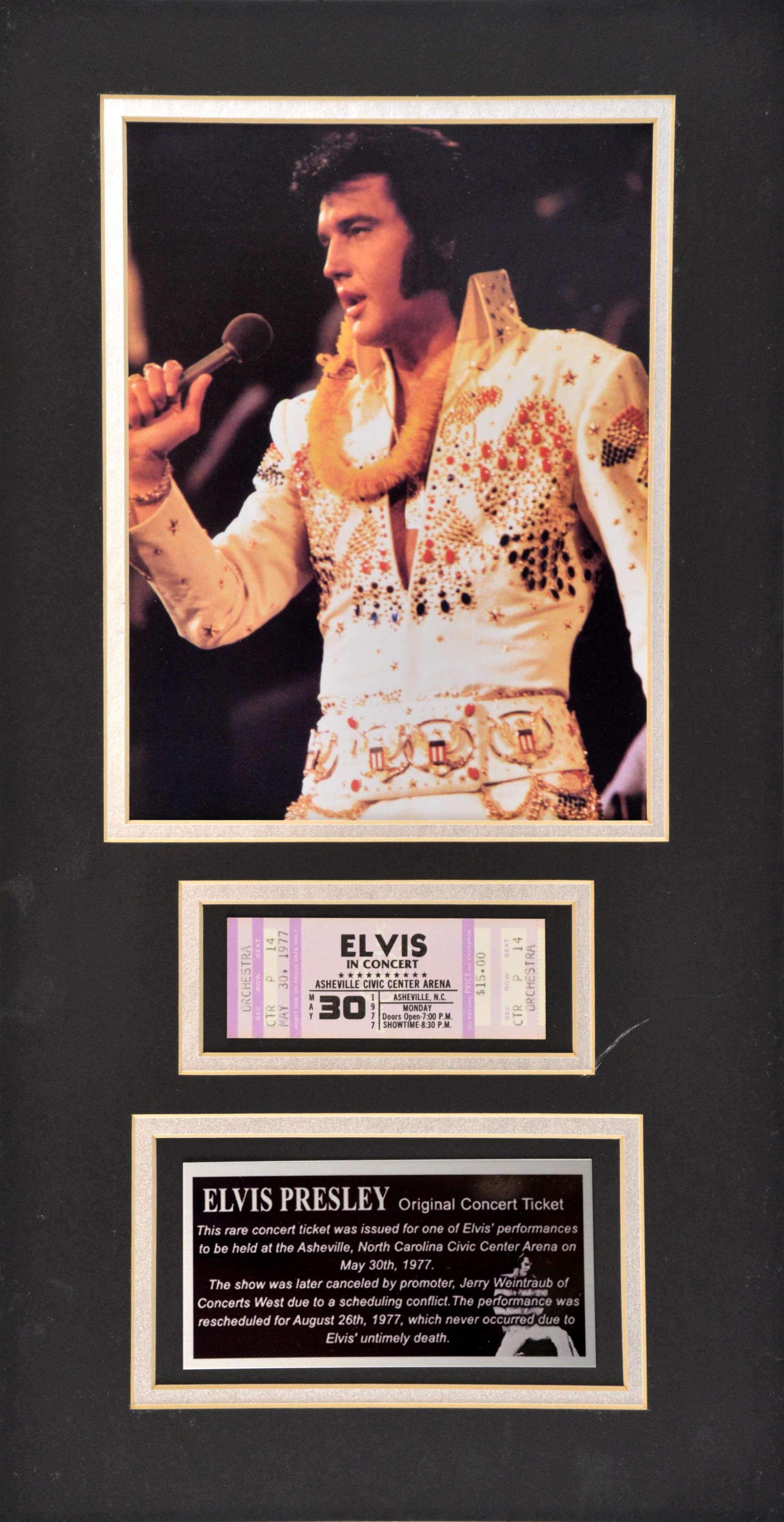 Appraisal: Original unused Elvis Presley Asheville concert ticket professionally mounted with