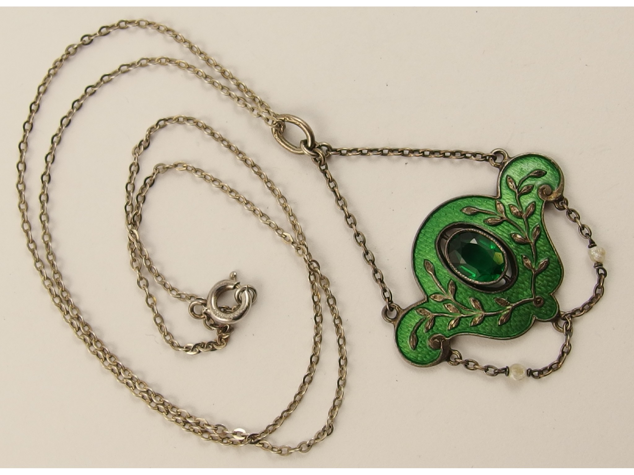 Appraisal: A silver and green enamel Art Nouveau pendant set with