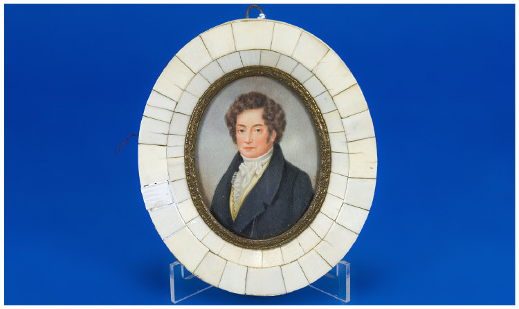 Appraisal: Portrait Miniature Portrait Showing A Young Man Facing Left Brown