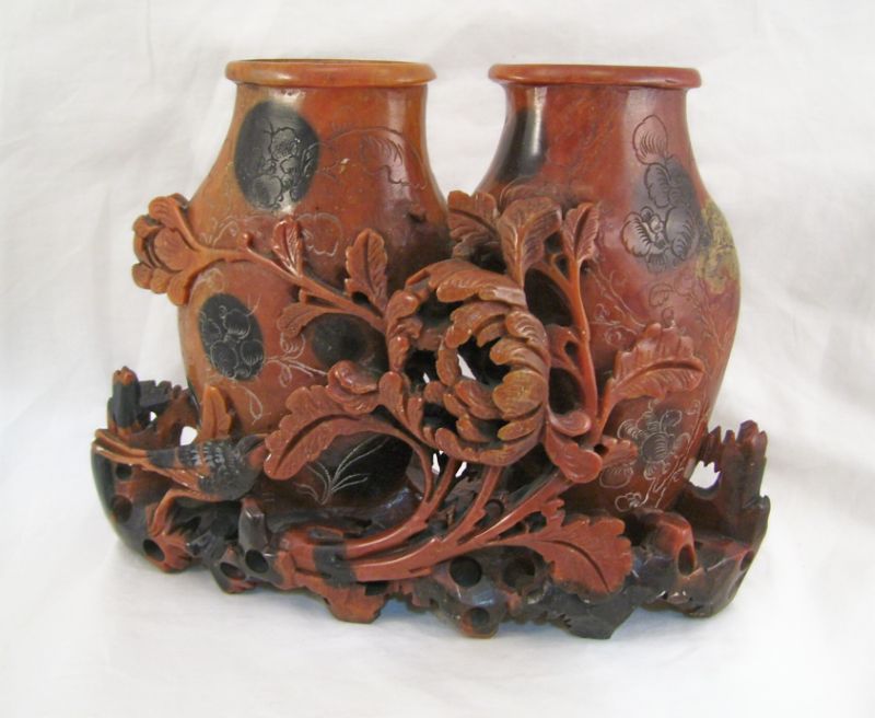 Appraisal: Carved Soapstone Double Urn Vase Carved double urns with bird