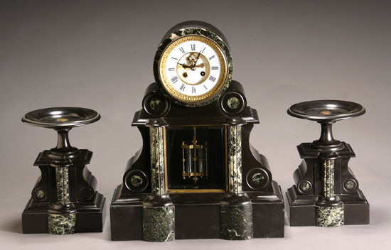 Appraisal: French Mottled Green Marble and Slate Three-Piece Clock Garniture Late