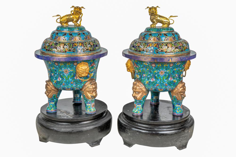 Appraisal: PAIR OF CHINESE STYLE CLOISONNE CENSERSresting on wooden bases each