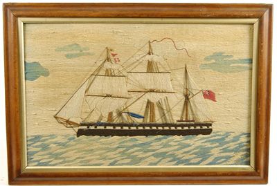 Appraisal: A maritime woolwork picture titled 'The Royal Oak guns' in