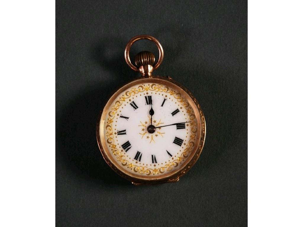 Appraisal: CT GOLD FOB WATCH with keyless movement gilt decorated white