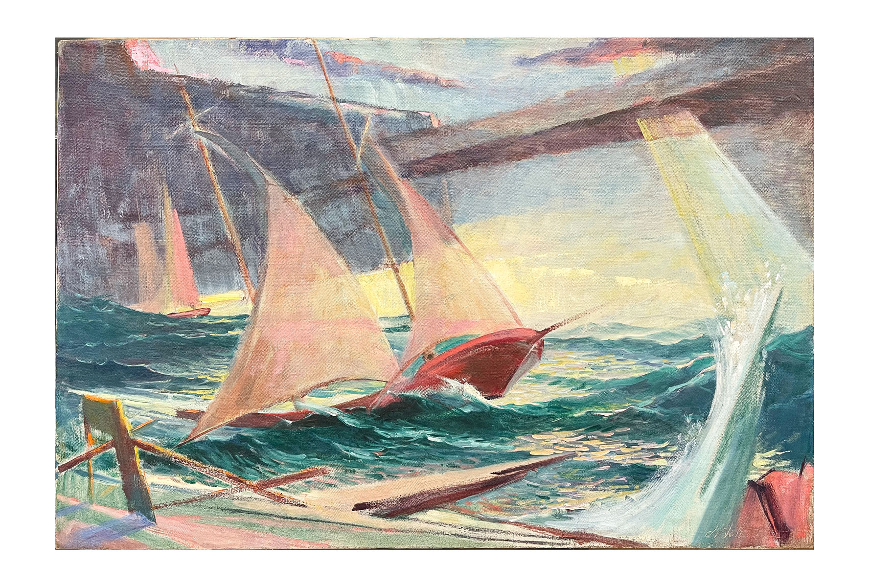 Appraisal: DI VALENTIN MODERNIST SAILBOAT PAINTING Oil Canvas '' x ''