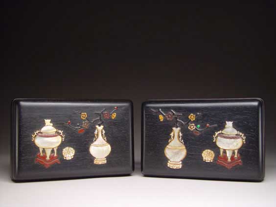 Appraisal: PAIR APPLIQU ZITAN BOXES Pair Chinese zitan boxes of rectangular