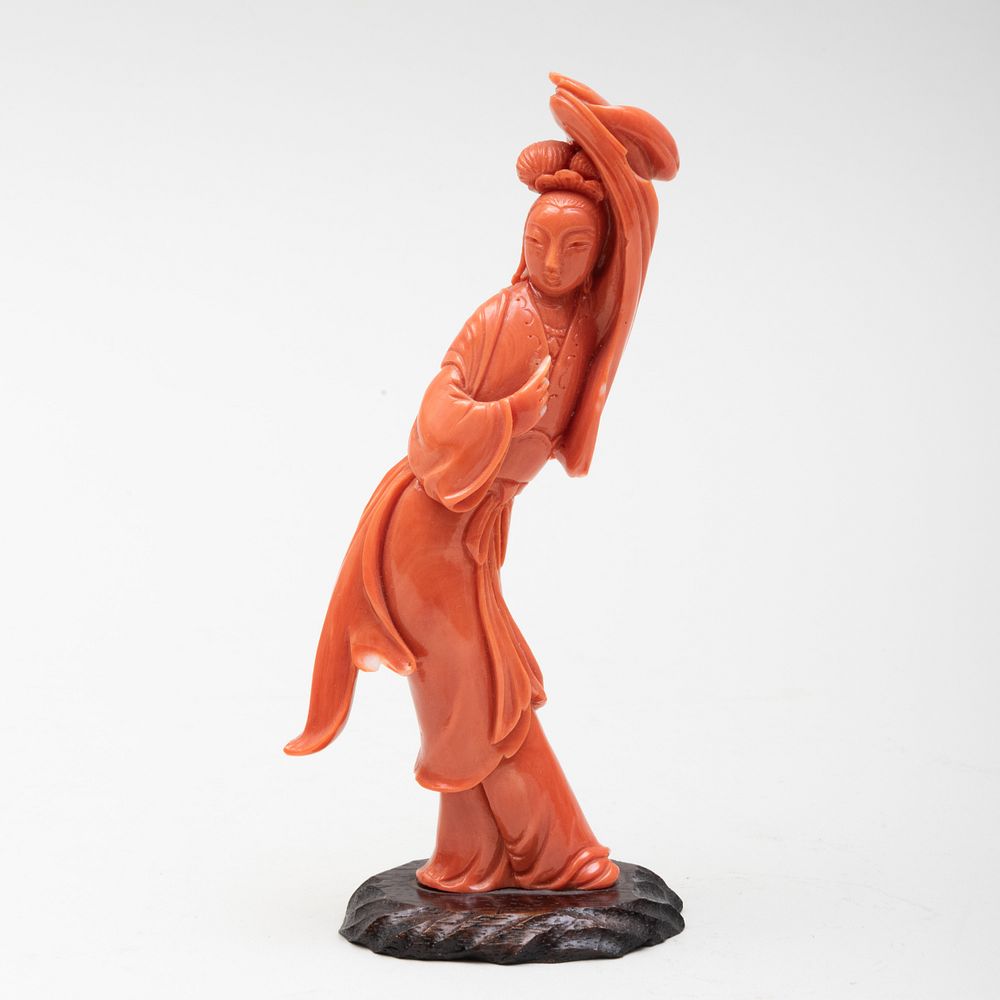 Appraisal: Chinese Coral Figure of a Japanese Dancer With wood stand