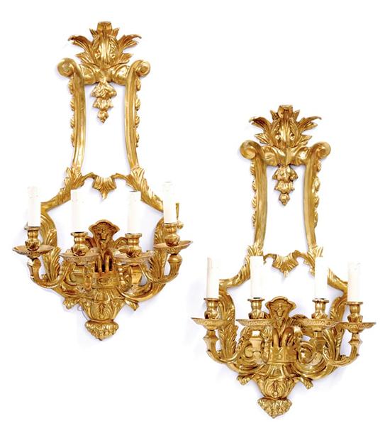 Appraisal: Pair ormolu four-light wall sconces openwork leaf-form backplate issuing scrolling