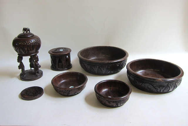 Appraisal: SIX PIECES OF AFRICAN CARVED WOOD bowls coasters and lidded