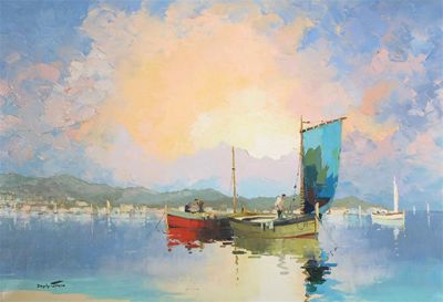 Appraisal: Cecil D'Oyly-John - Fishing boats at dusk Signed Oil on