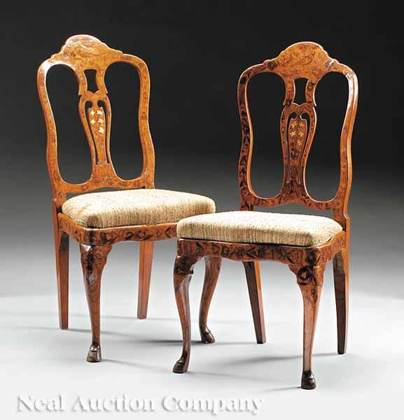 Appraisal: A Pair of Dutch Marquetry Side Chairs th c shaped