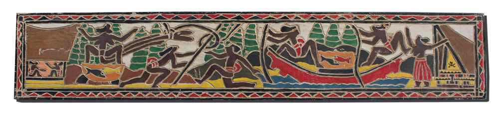 Appraisal: HAND CARVED AND PAINTED PANEL DEPICTING AN ISLAND CULTURE POSSIBLY