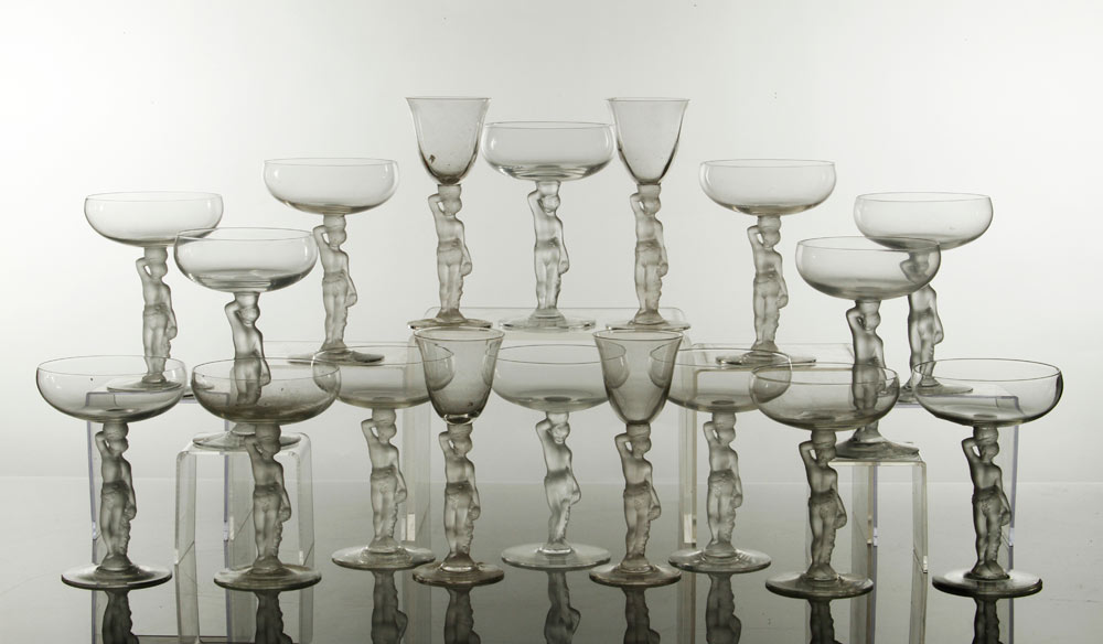 Appraisal: - Figured Lalique Style Stemware Glasses Figured Lalique style stemware