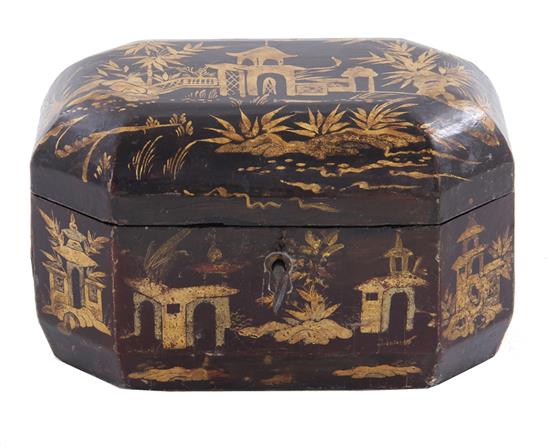 Appraisal: Chinese export gilt-lacquer tea caddy th century hinged case decorated