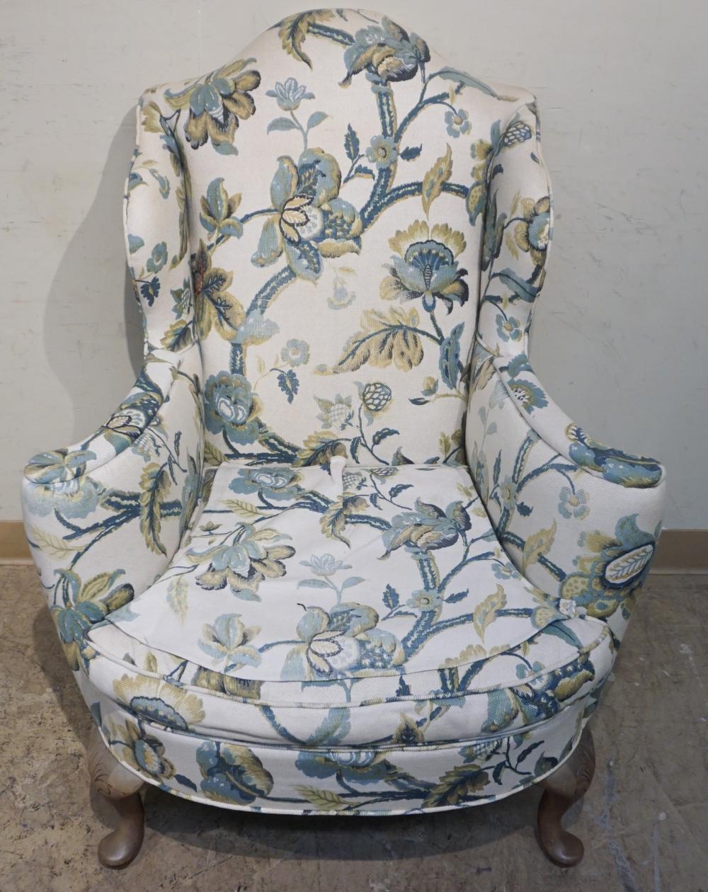 Appraisal: QUEEN ANNE STYLE FLORAL UPHOLSTERED WING CHAIRQueen Anne Style Floral