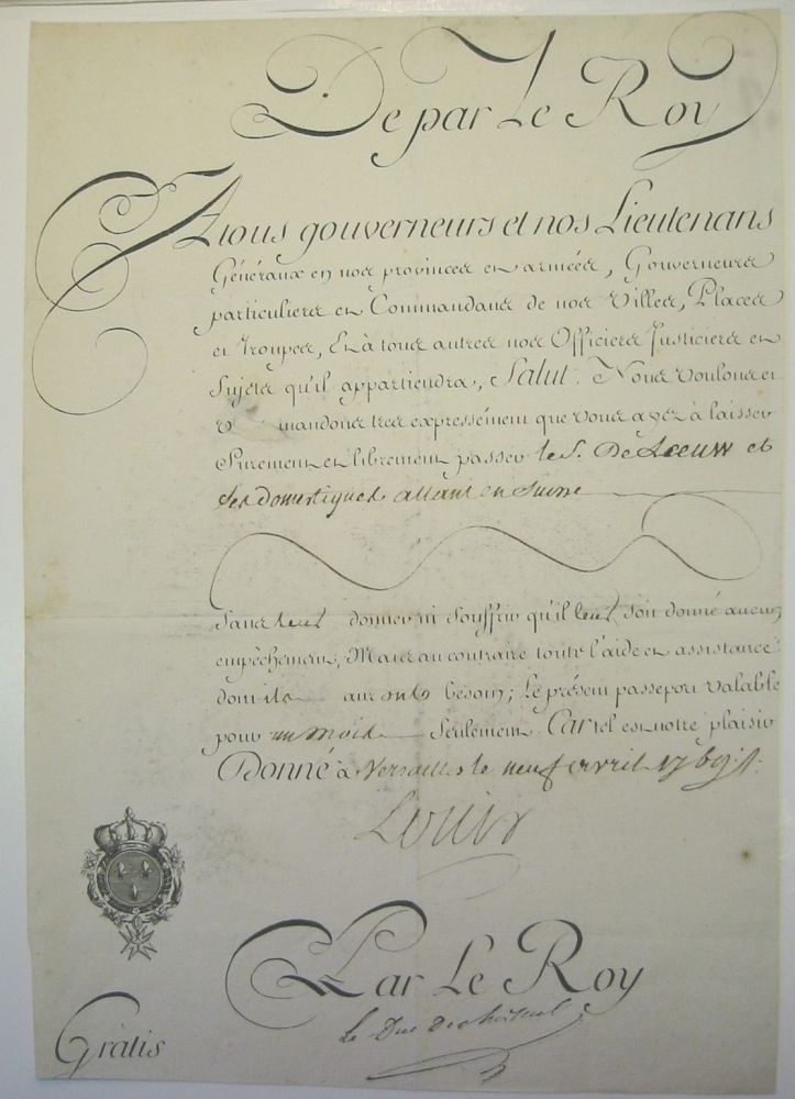 Appraisal: LOUIS XV KING OF FRANCE Partly-printed Document Signed Louis in