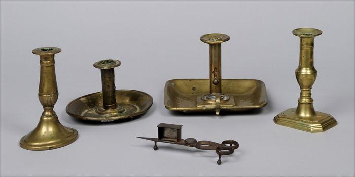 Appraisal: TWO BRASS CANDLESTICKS TWO BRASS CHAMBERSTICKS AND A STEEL CANDLE