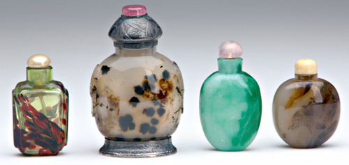 Appraisal: CHINESE SNUFF BOTTLES Four bottles one of agate with mottled