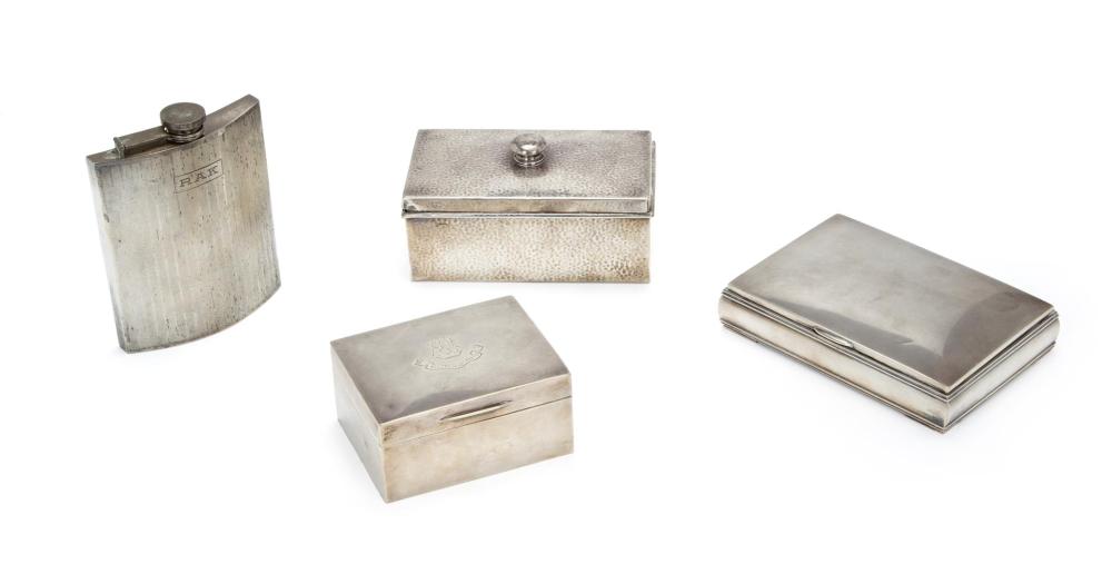 Appraisal: A group of silver boxes and a flask Late th