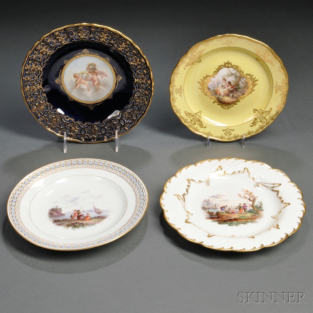 Appraisal: Four Assorted Meissen Porcelain Hand-painted Plates Germany th century each