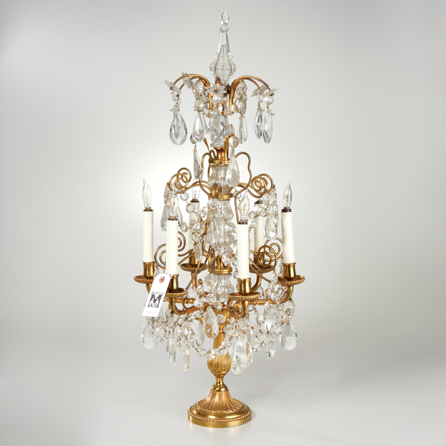 Appraisal: ELEGANT BACCARAT STYLE GIRANDOLE LAMP th c -light brass candelabra