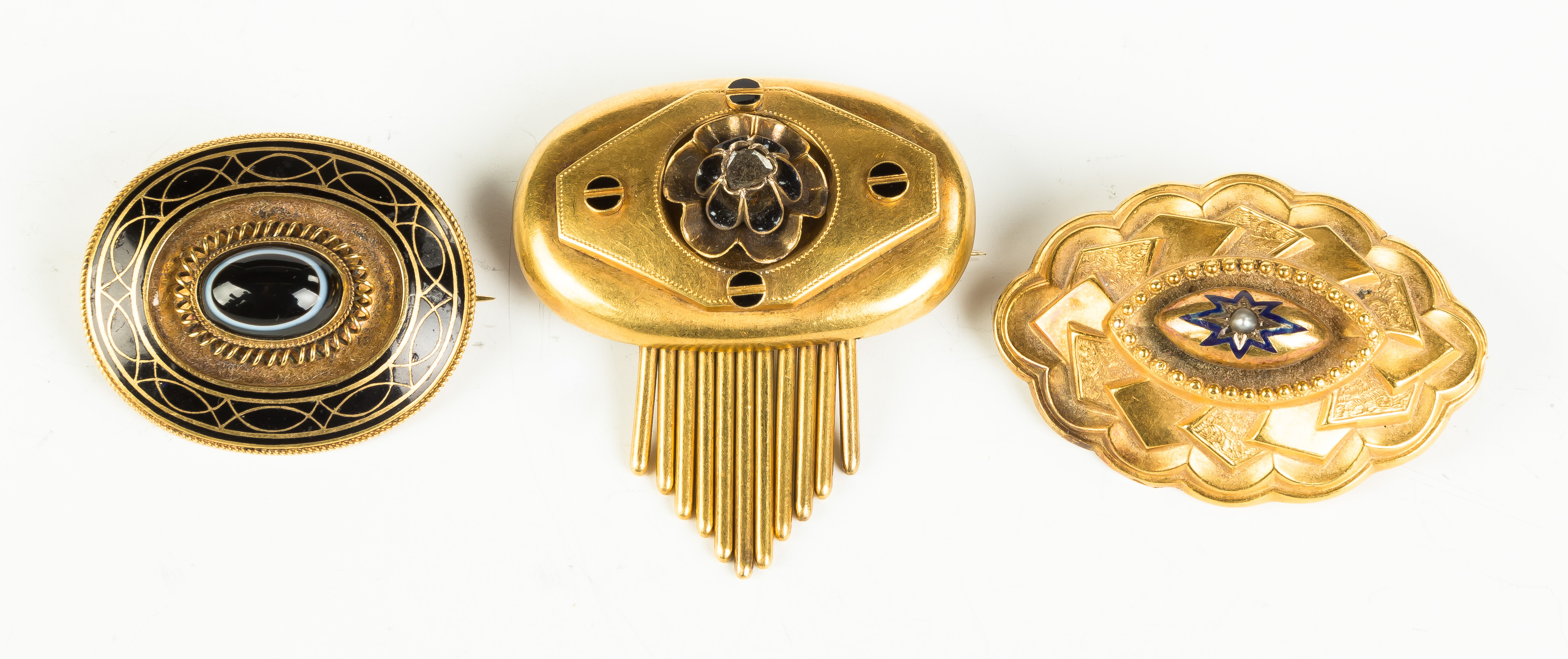 Appraisal: Three Vintage Brooches L to R K gold enameled and