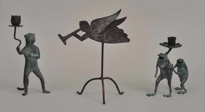 Appraisal: TWO BRONZE PATINATED METAL CANDLESTICKS WITH FIGURES OF FROGS AND