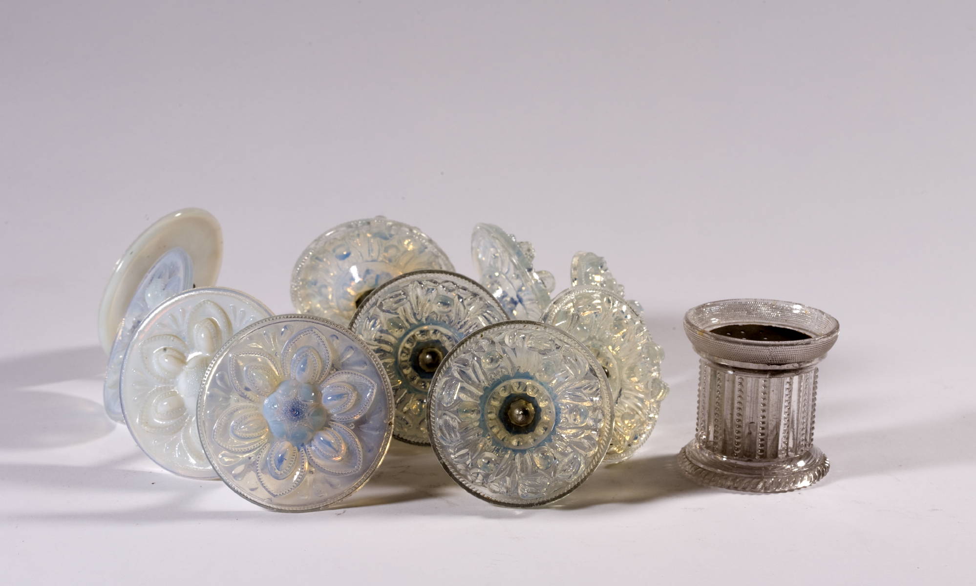 Appraisal: SET OF SIX OPALESCENT GLASS TIE-BACKS PROBABLY SANDWICH Together with