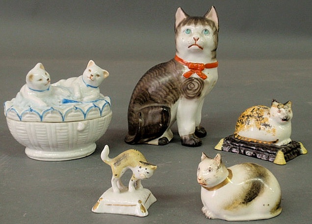 Appraisal: Five small Staffordshire cat figures one a box largest h