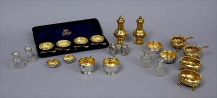 Appraisal: FIVE PAIRS OF SALTS SET OF FOUR GOLD-PLATED SALTS AND