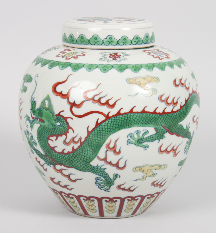 Appraisal: Chinese doucai porcelain ginger jar with multi-color dragon and sacred