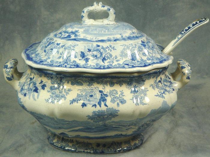 Appraisal: Staffordshire blue transfer tureen with ladle country landscape some discoloration