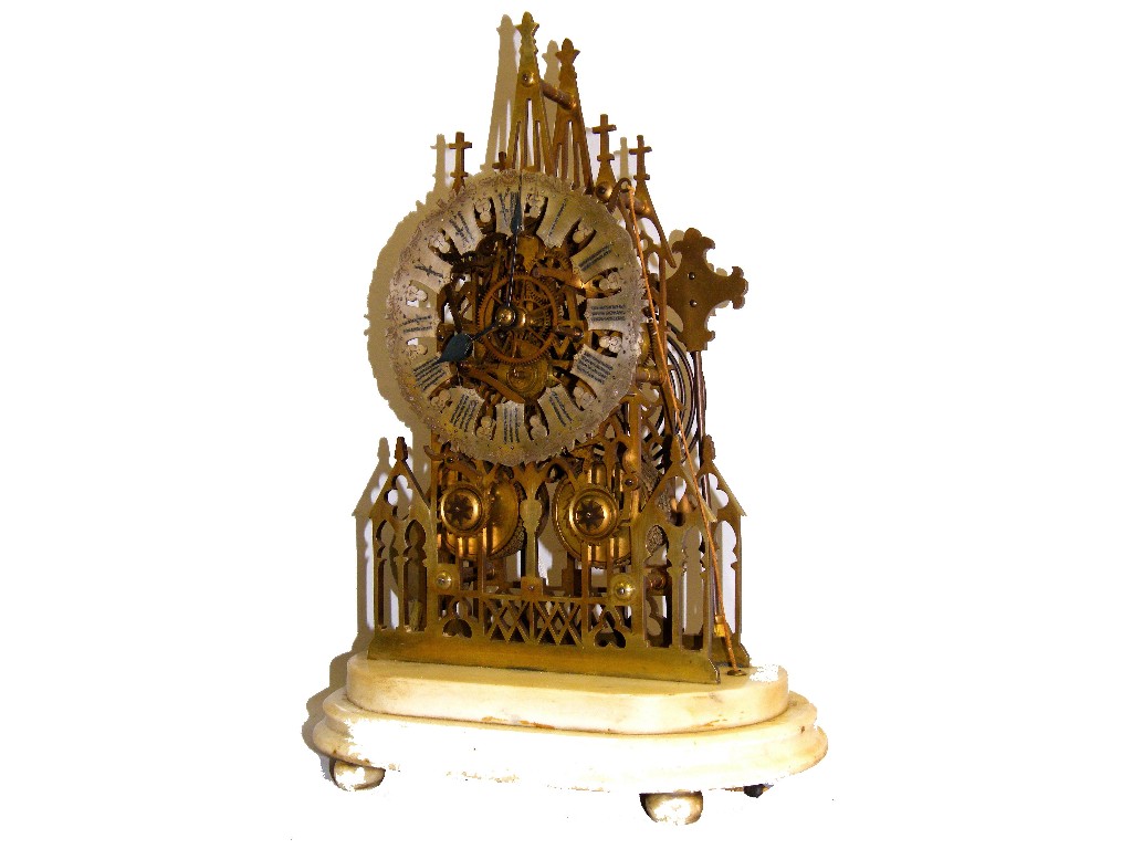 Appraisal: Good brass double fusee Cathedral skeleton clock the seven pillar