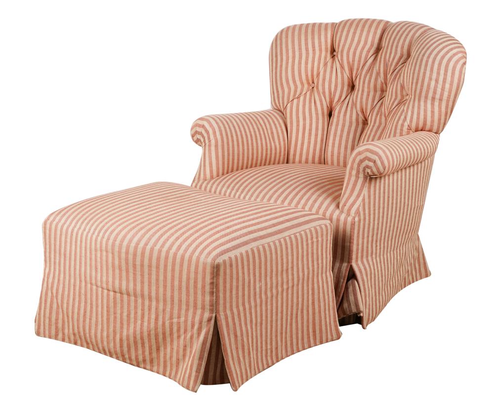 Appraisal: ROSE TARLOW TUFTED ARMCHAIR OTTOMANfully upholstered in light red and