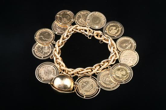 Appraisal: K YELLOW GOLD FLEXIBLE LINK GOLD COIN BRACELET Interwoven bright-polished