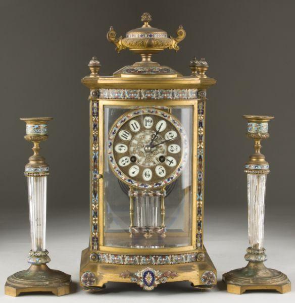 Appraisal: French Cloisonne Mantel Clock Garniture Set unsigned gilt brass and