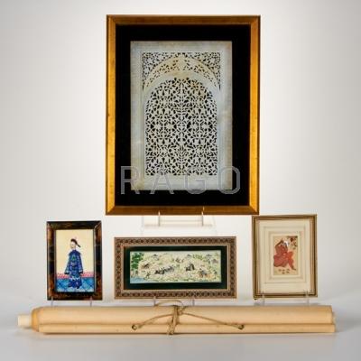 Appraisal: ASIAN DECORATIVE Five pieces hanging scroll framed alabaster decorative carving