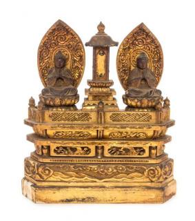 Appraisal: A Gilt Lacquered Wood Shrine with Two Buddha Figures Height