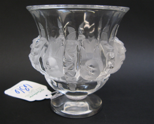 Appraisal: LALIQUE CRYSTAL ART GLASS SPARROW VASE clear with frosted sparrows