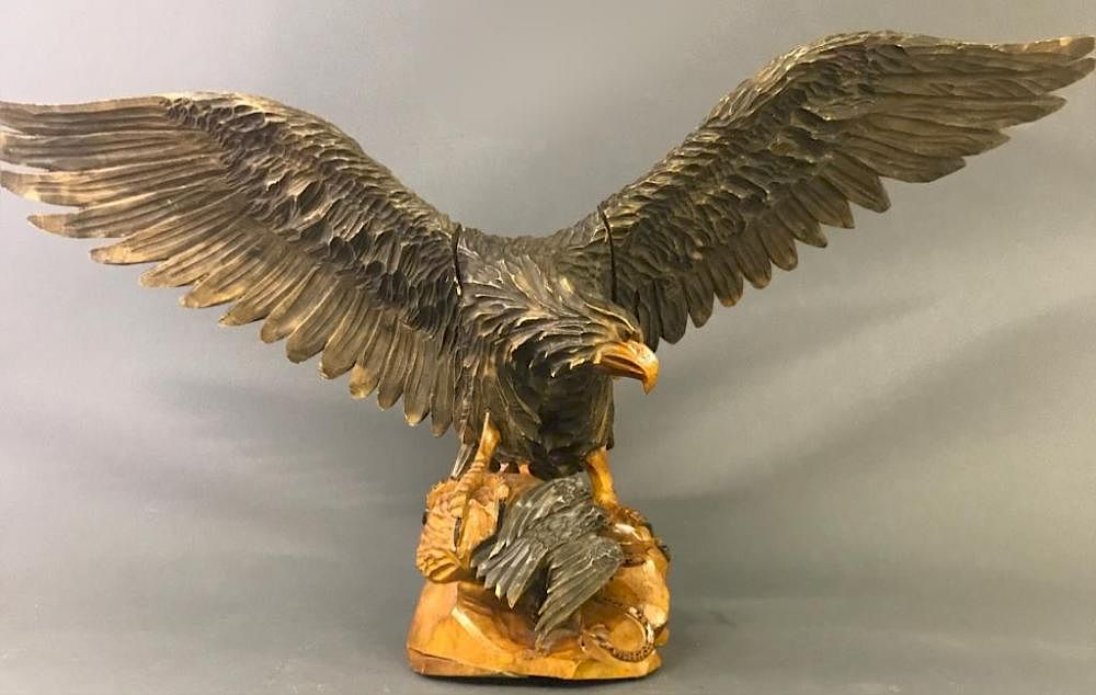 Appraisal: Carved Eagle with Eaglet and Snake Carved eagle with eaglet