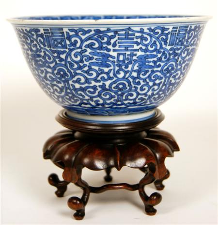 Appraisal: CHINESE BLUE PAINTED BOWL TH CENTURY allover decorated with scrolling