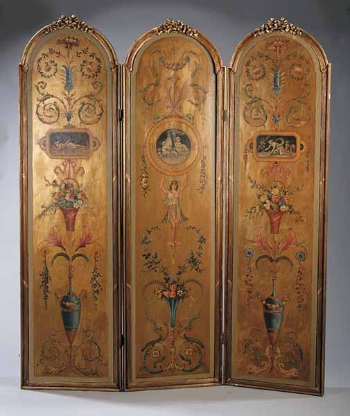 Appraisal: A Belle poque Carved Giltwood and Paint-Decorated Three Panel Screen