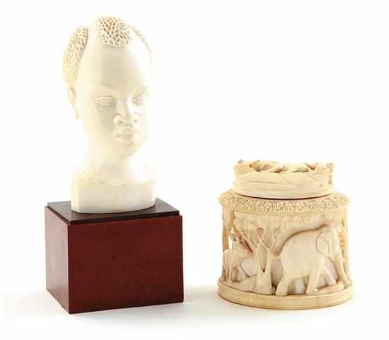 Appraisal: African carved bone tusk bust and box bust of young