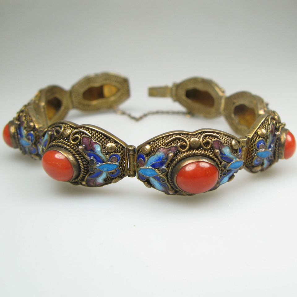 Appraisal: Chinese Silver Gilt Filigree Bracelet bezel set with oval coral