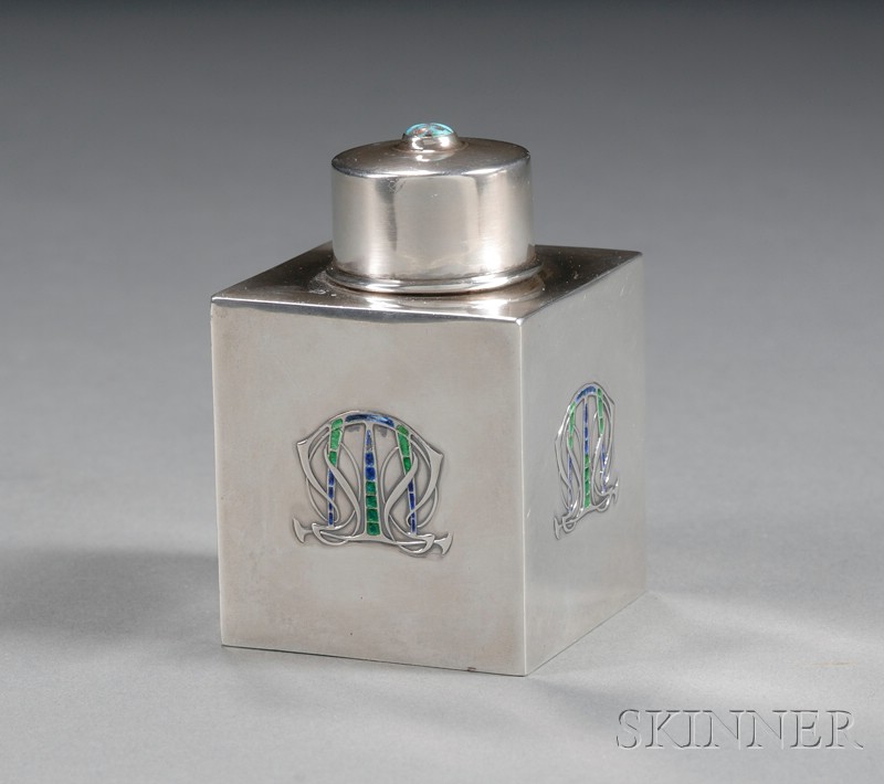 Appraisal: Liberty Company Enamel Decorated Sterling Tea Caddy Birmingham square with