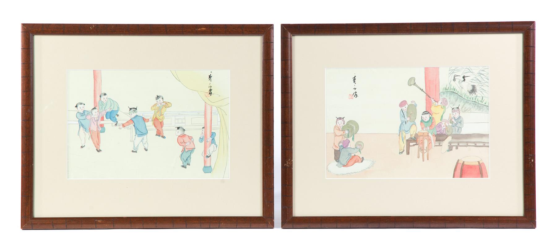 Appraisal: TWO CHINESE WATERCOLORS ON SILK Mid th century Children playing