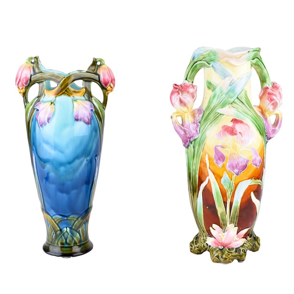 Appraisal: Two Majolica Faience Pottery Two Handled Vases Two Majolica Faience